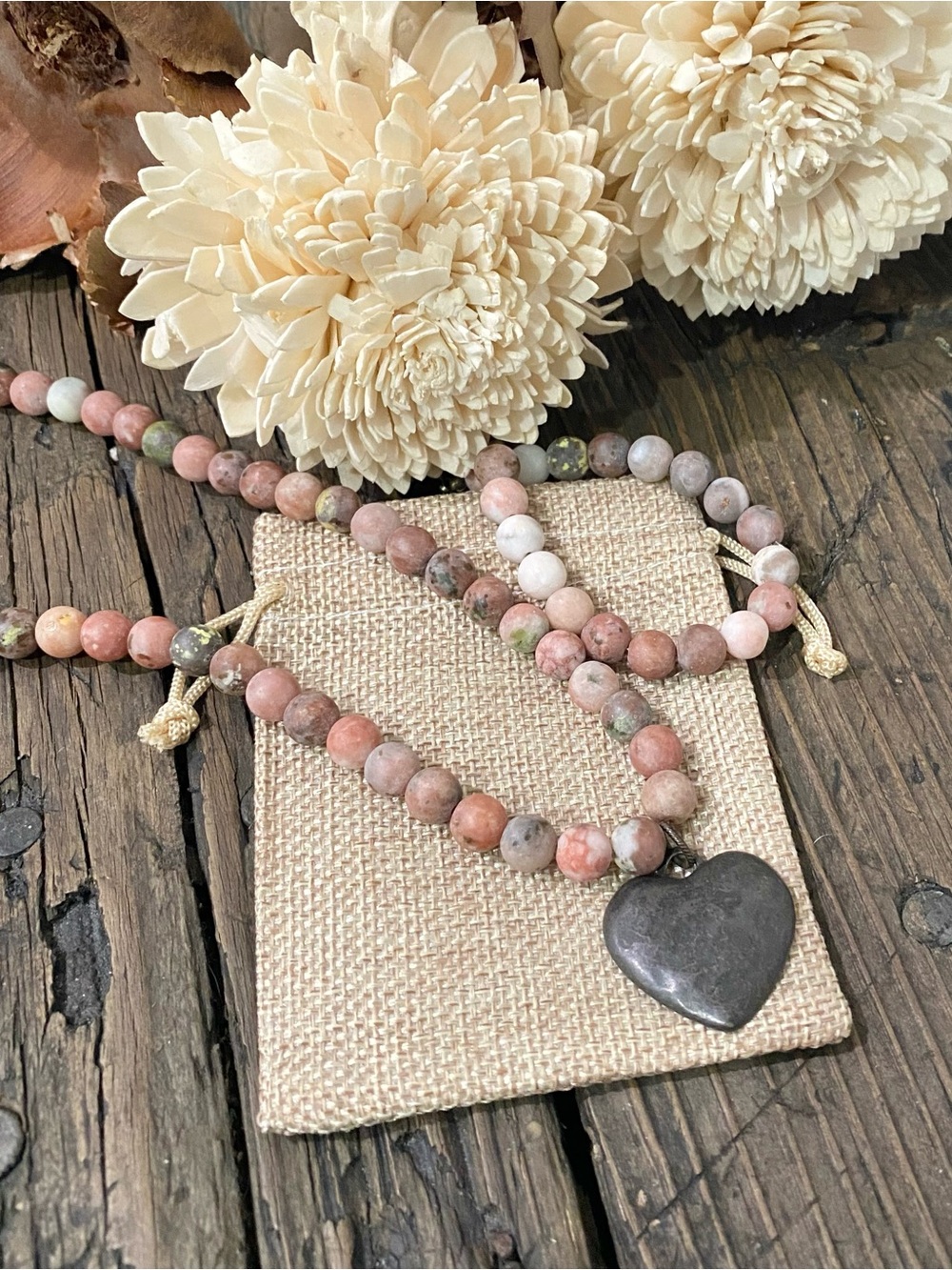 Rustic Charm Beaded Necklace & Bracelet Set with Heart Pendant